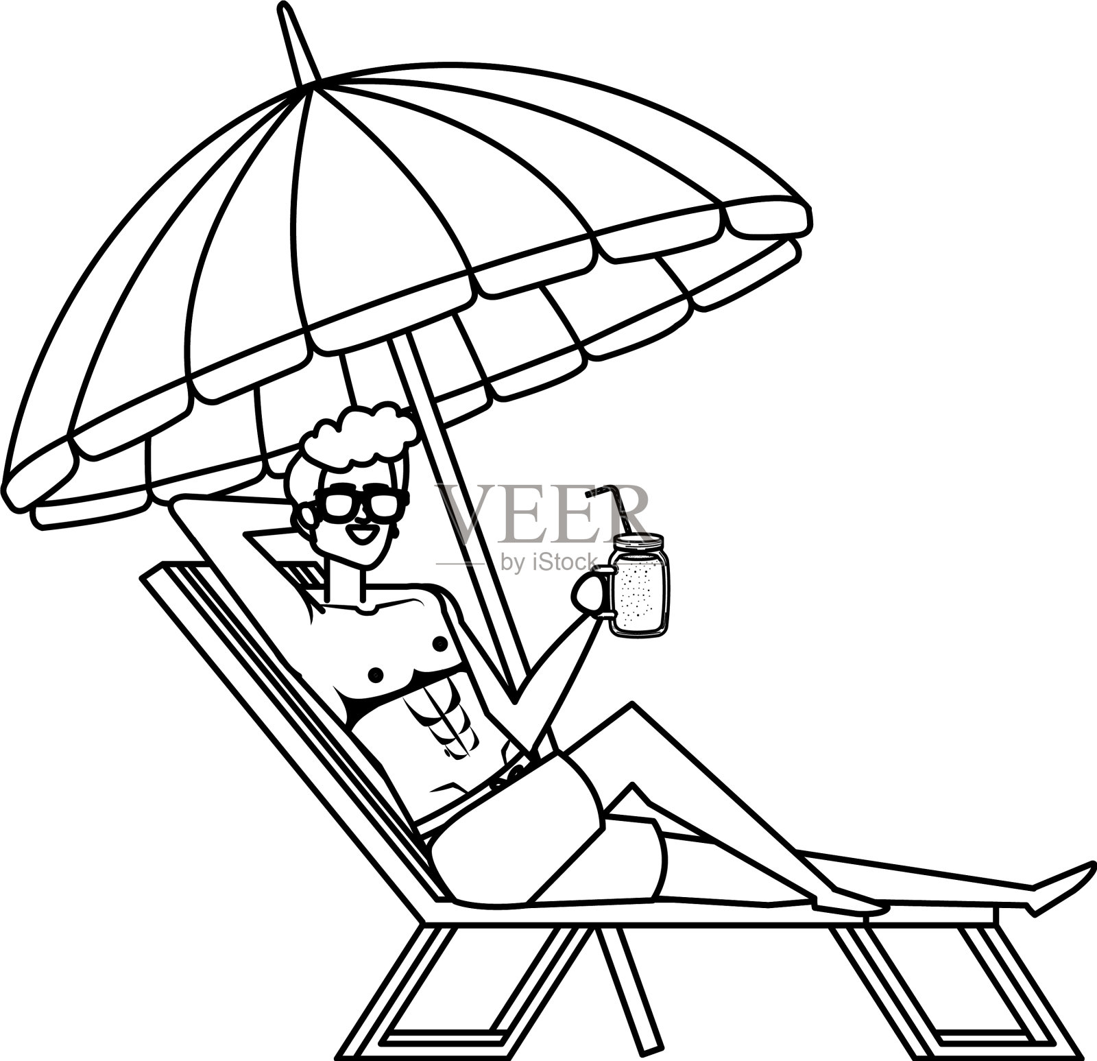 年轻人在沙滩椅上拿着雨伞喝酒设计元素图片