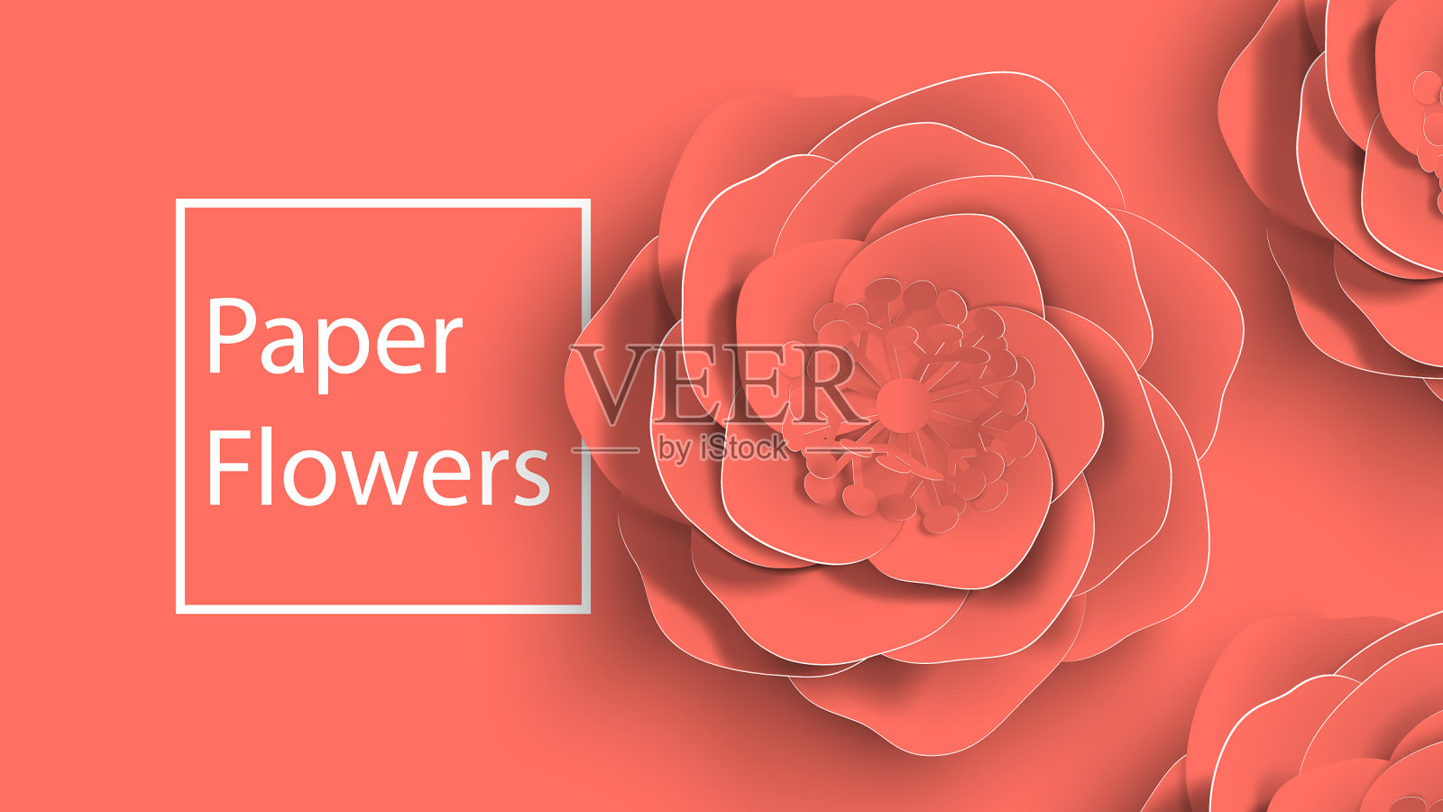 纸艺术夏日玫瑰花在活珊瑚上插画图片素材