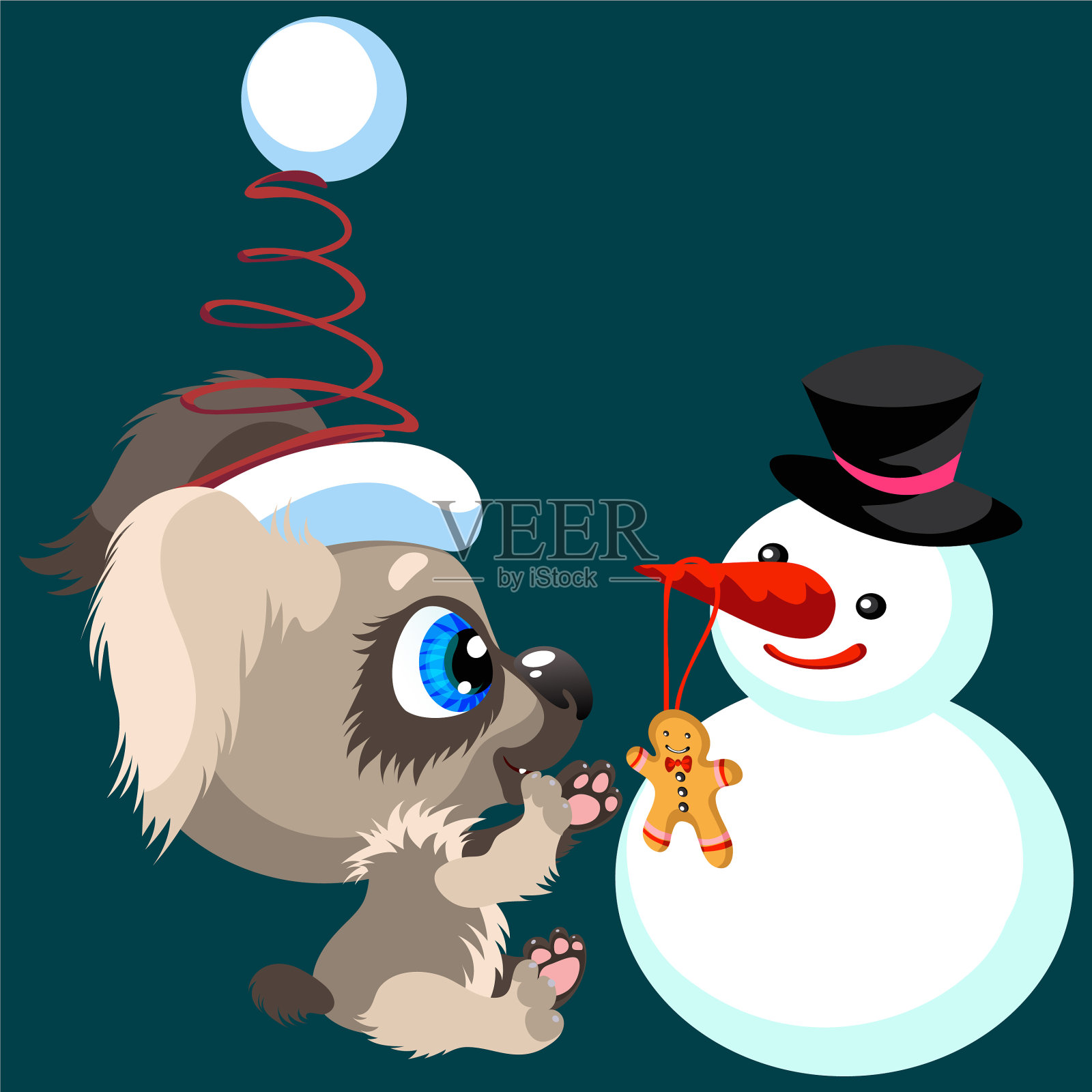 卡通小狗与雪人度过有趣的时间插画图片素材