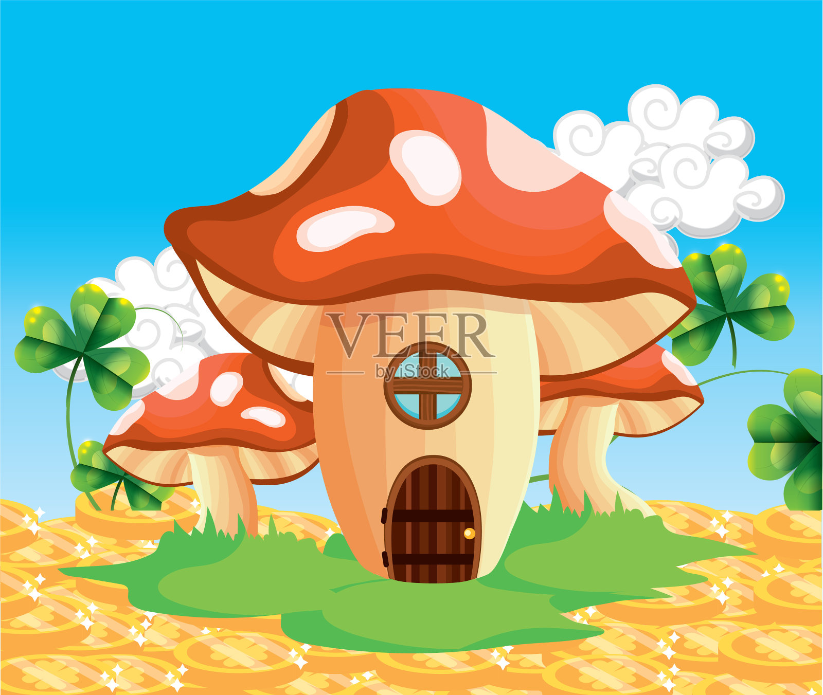 用金币和三叶草装饰的真菌屋插画图片素材