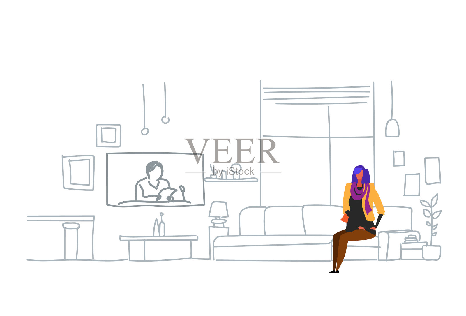 坐在沙发上看每日新闻节目的女人设计元素图片