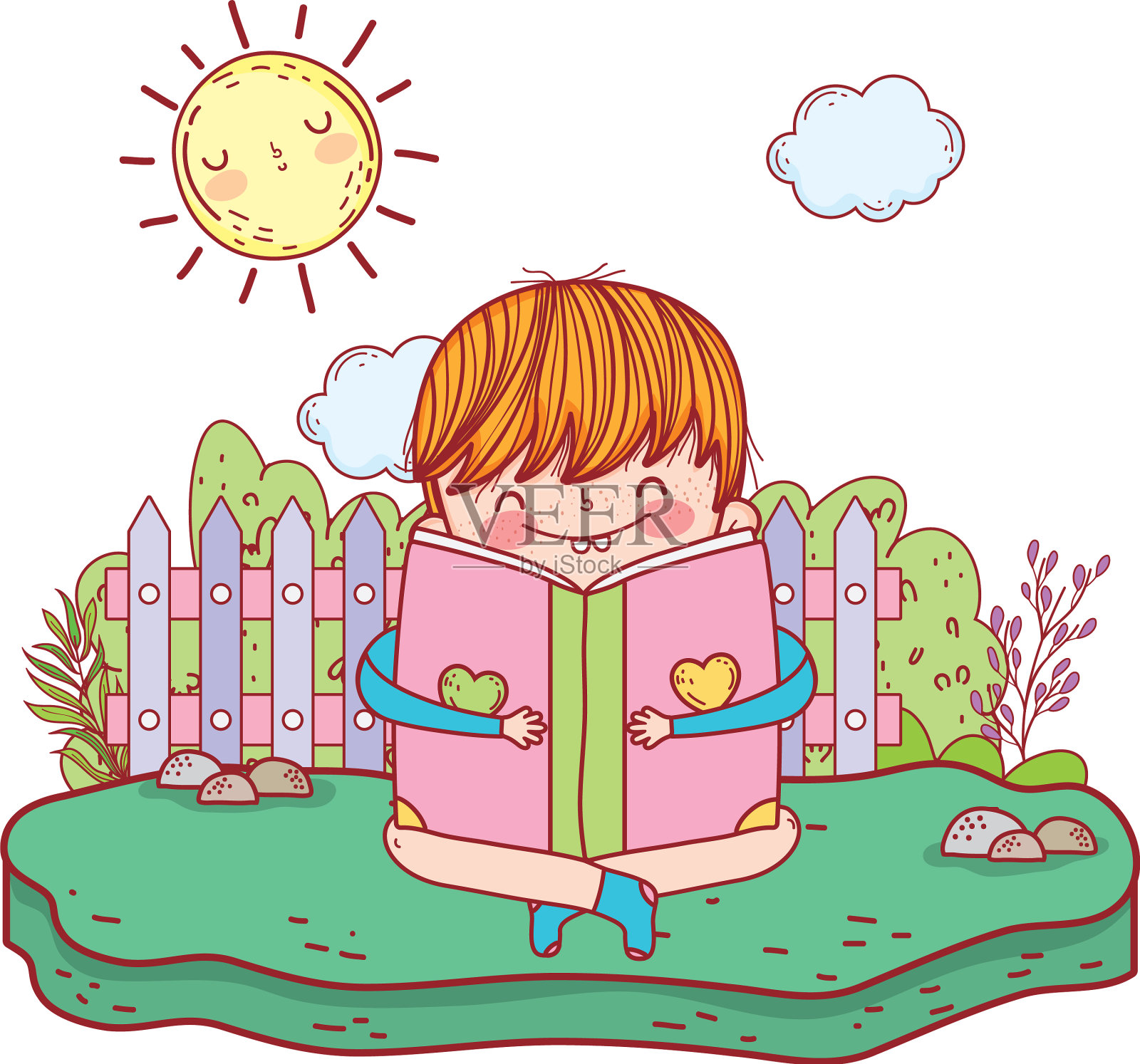 快乐的小男孩在风景里看书设计元素图片