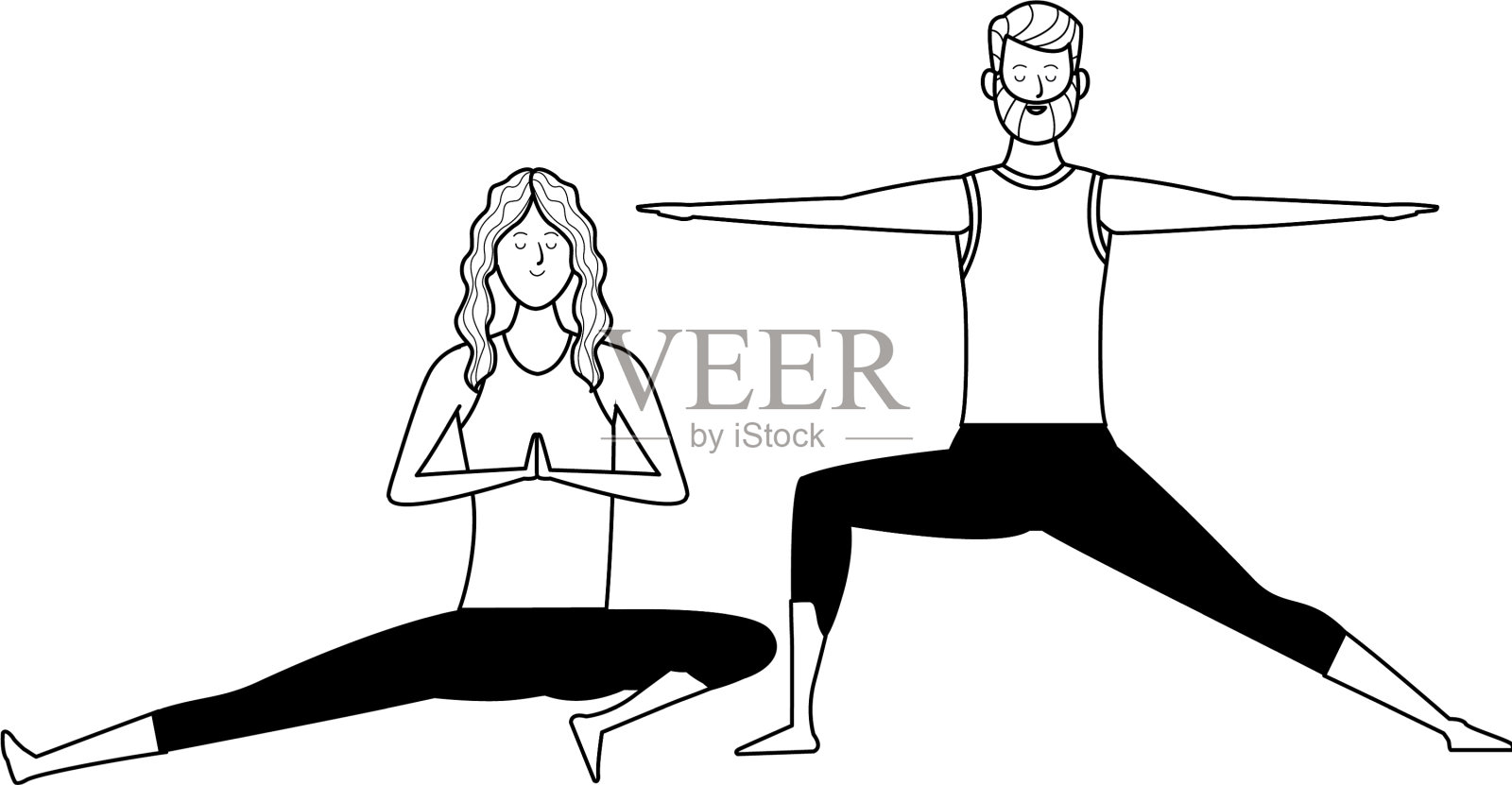 一对瑜伽姿势的黑白插画图片素材