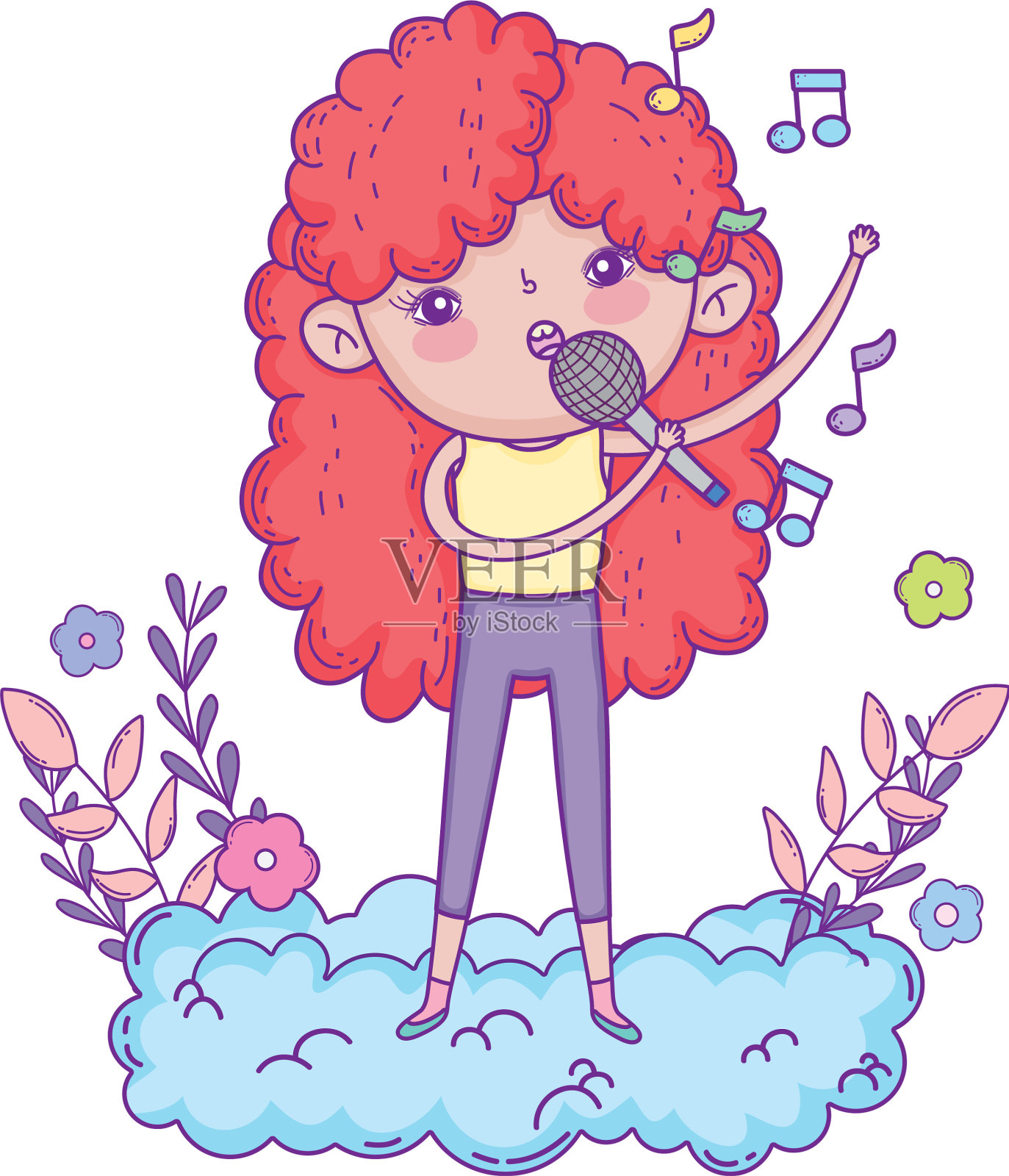 可爱的小女孩在云里拿着麦克风唱歌设计元素图片