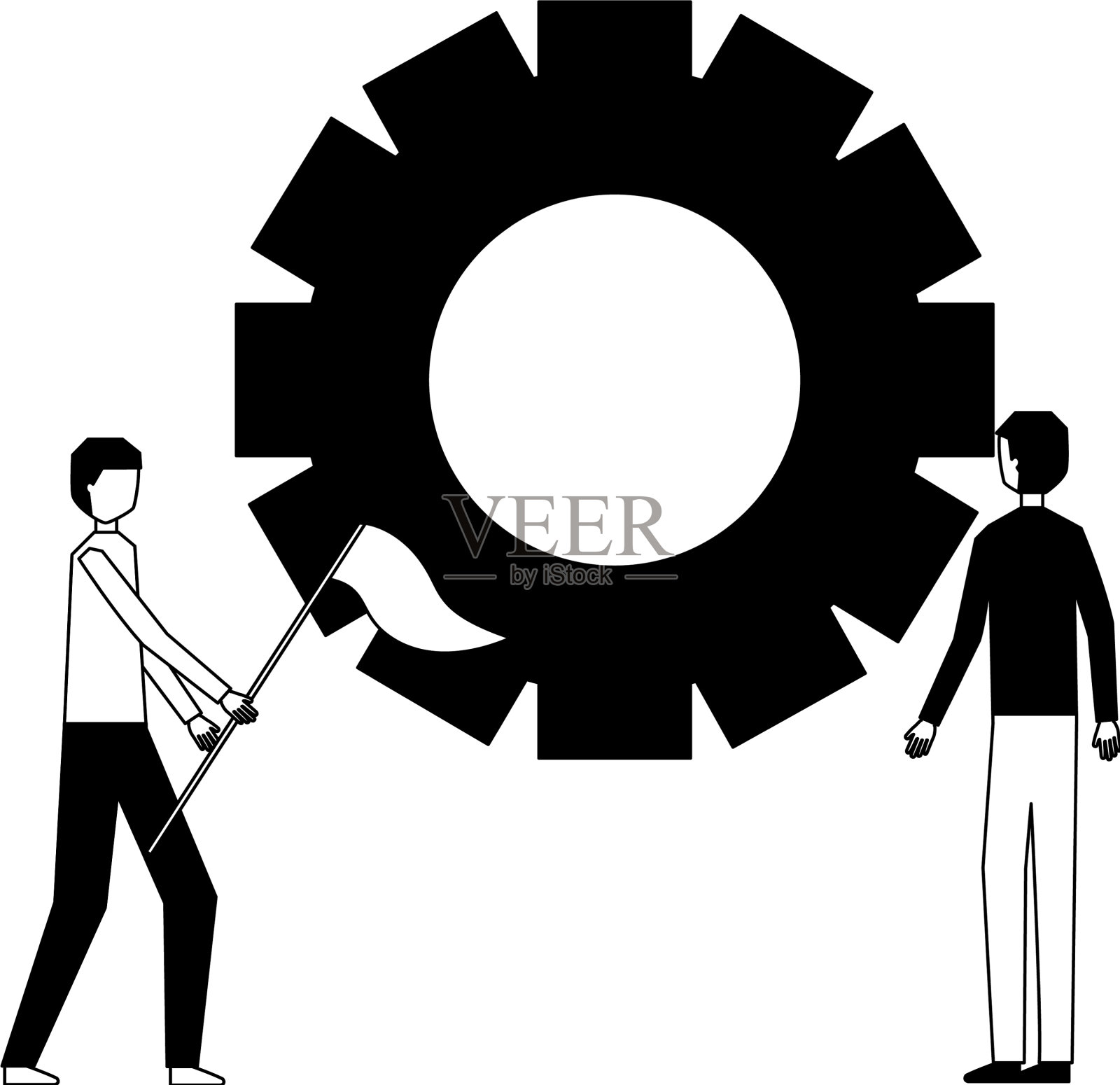 商人举着旗子用齿轮工作设计元素图片