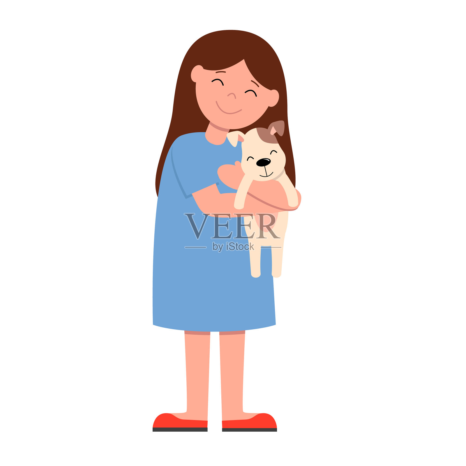 笑着的女孩，穿着蓝色的裙子，抱着，有力插画图片素材