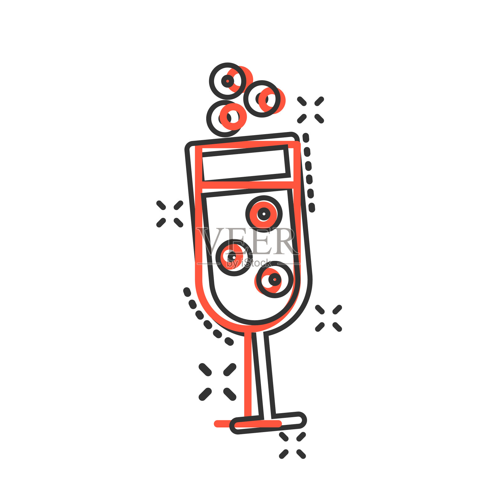 香槟玻璃图标在漫画风格的酒精饮料设计元素图片