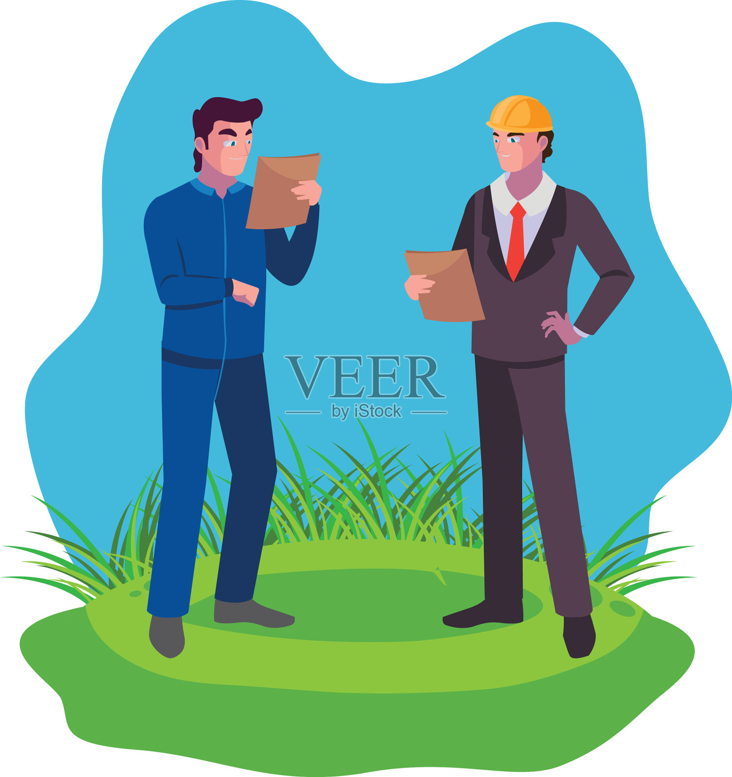 建筑工和工程师在草坪上设计元素图片