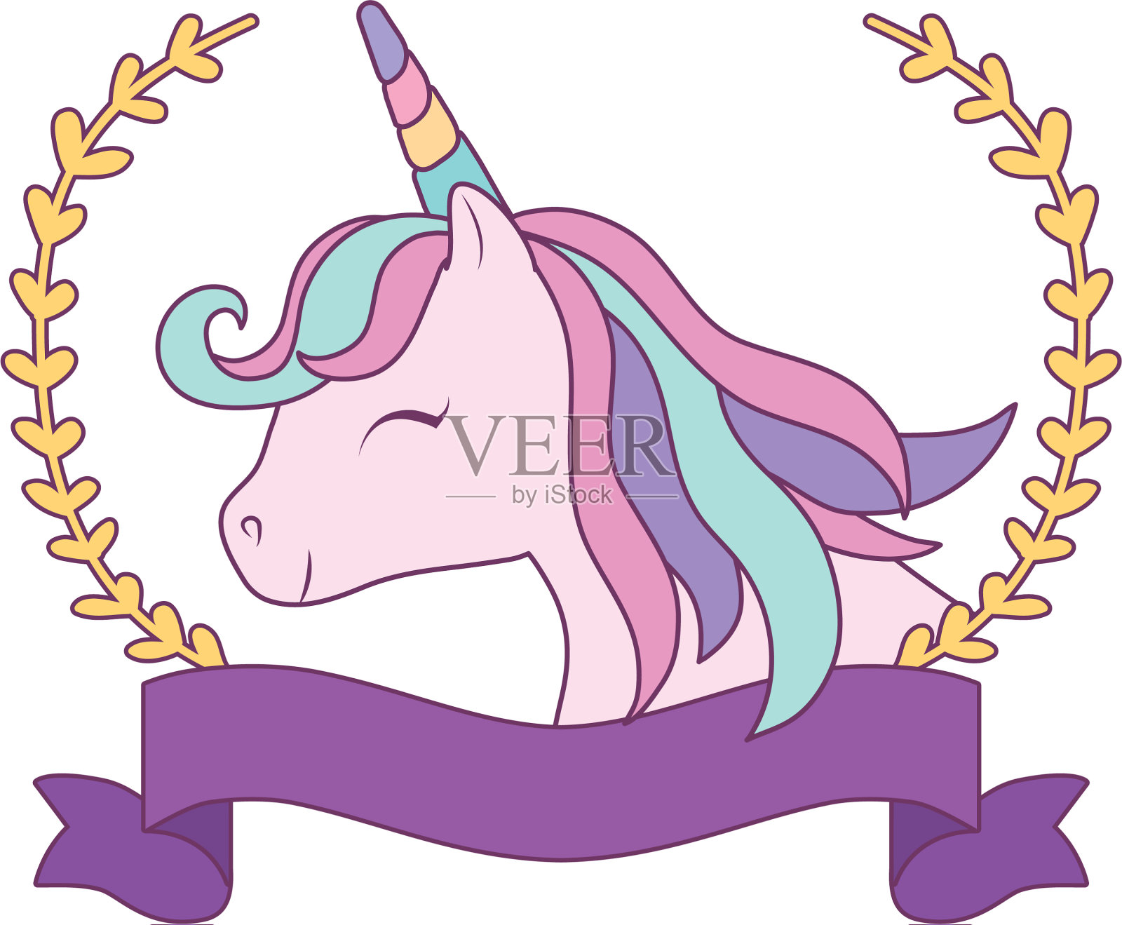 头上有可爱的独角兽带和树枝设计元素图片