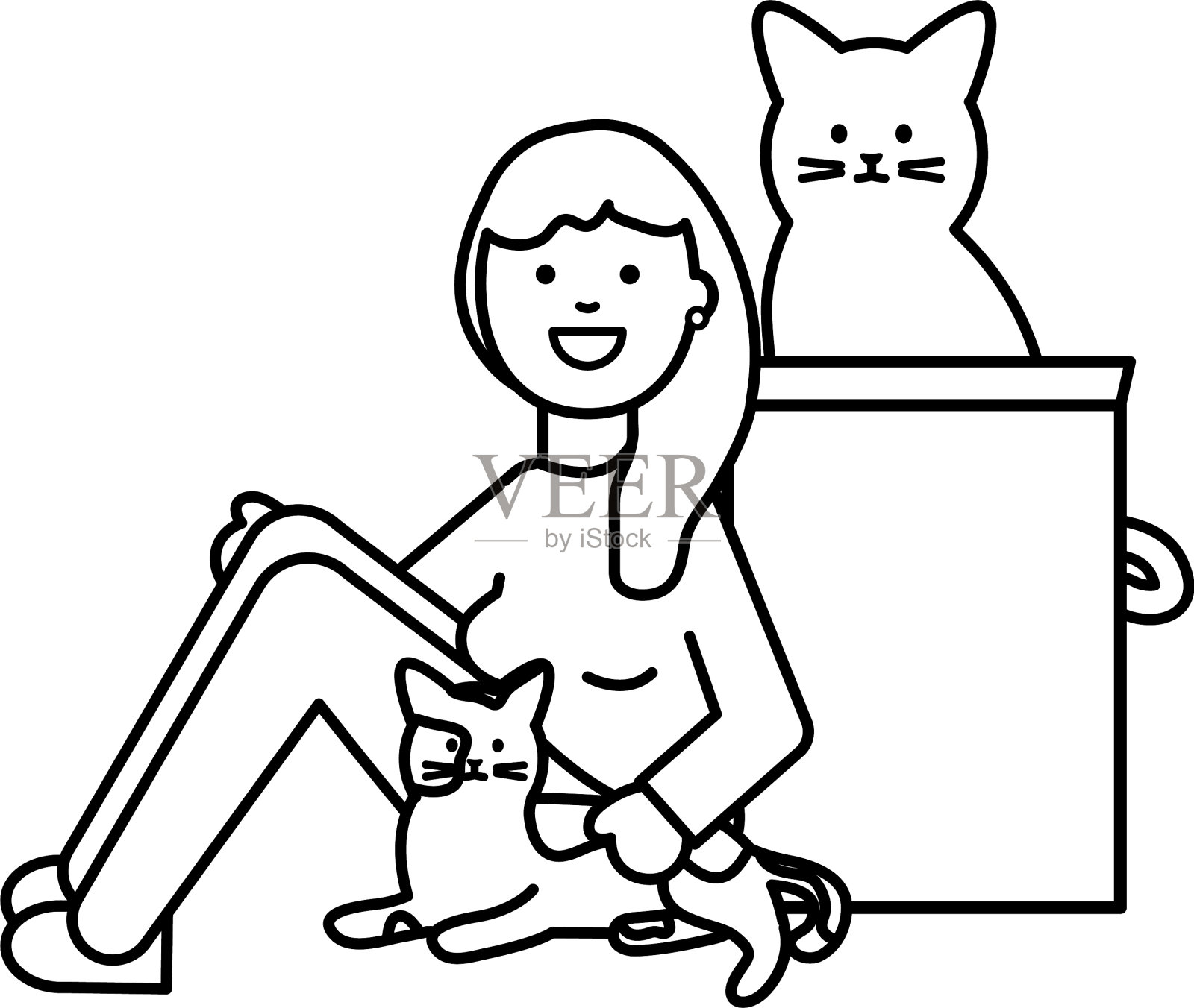 年轻女子与可爱的猫吉祥物设计元素图片