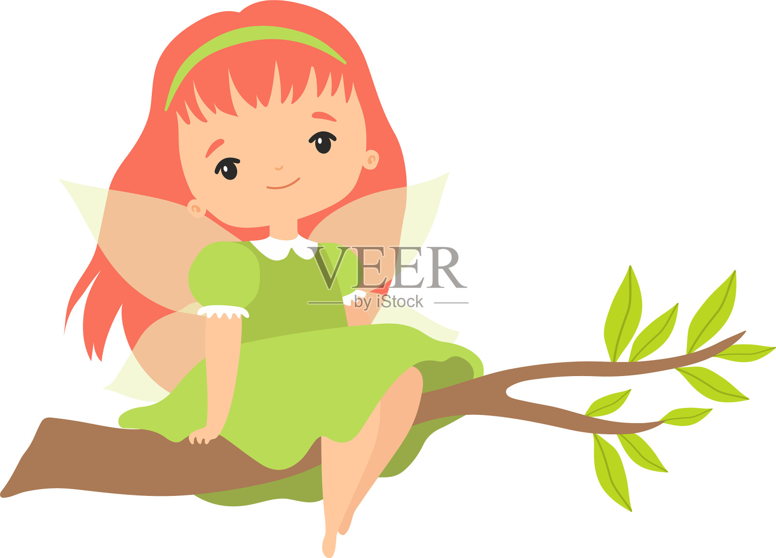 森林小仙女可爱地坐在树枝上设计元素图片