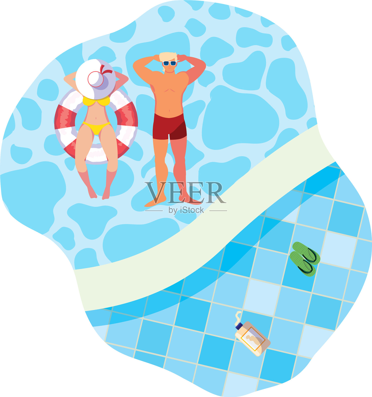 年轻夫妇穿着泳衣，浮在水里设计元素图片