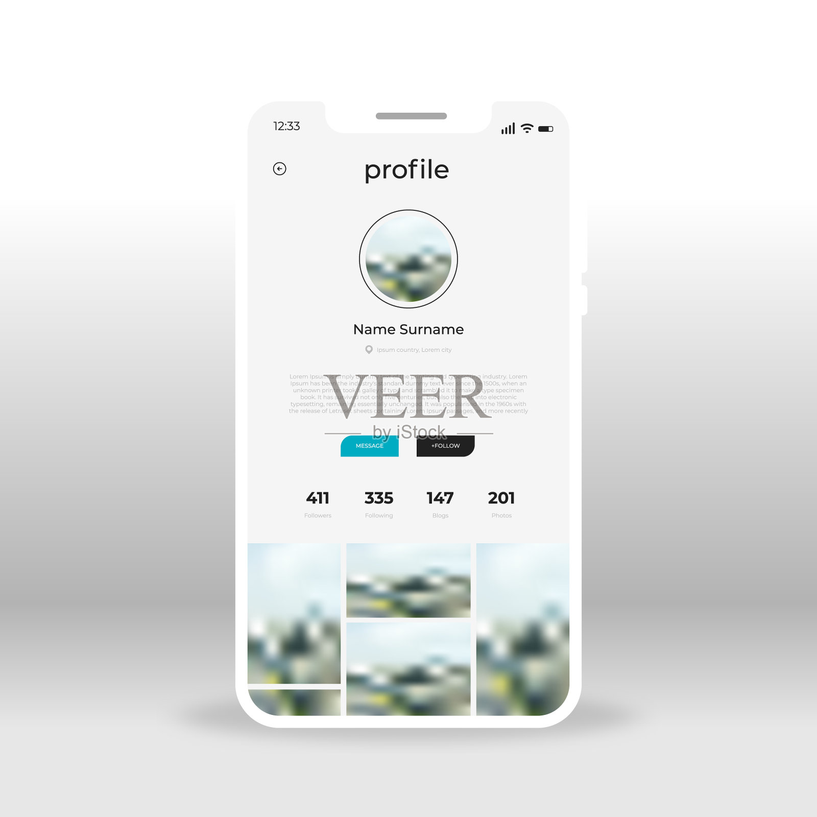 灰色的社交网络配置文件UI ux GUI界面设计模板素材