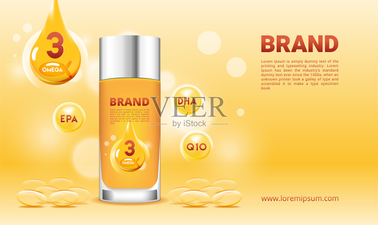 补充鱼油欧米茄3 3d包装和胶囊插画图片素材