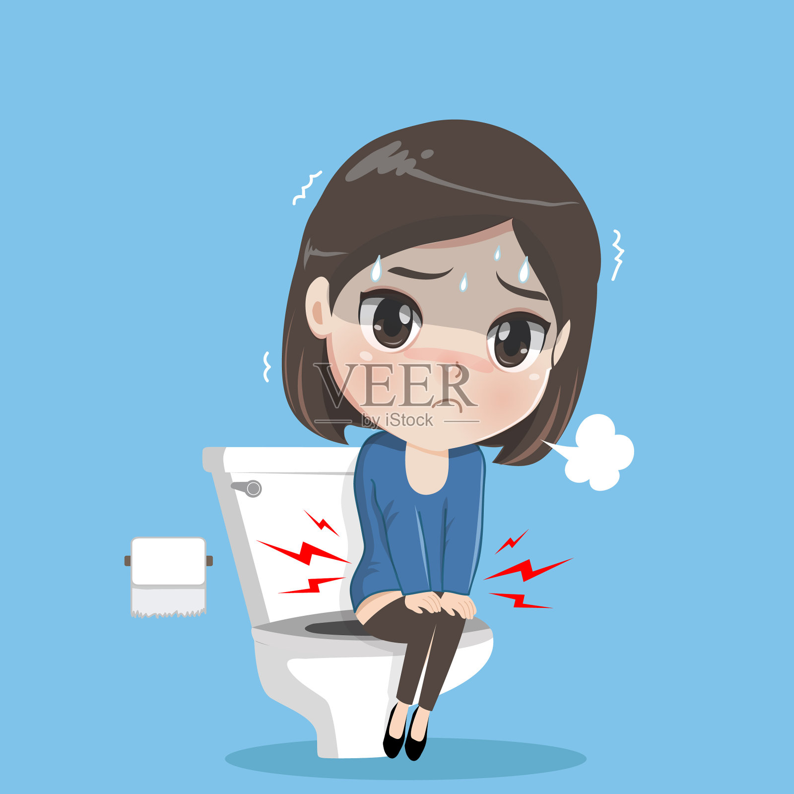 一个白人女人坐在马桶上插画图片素材