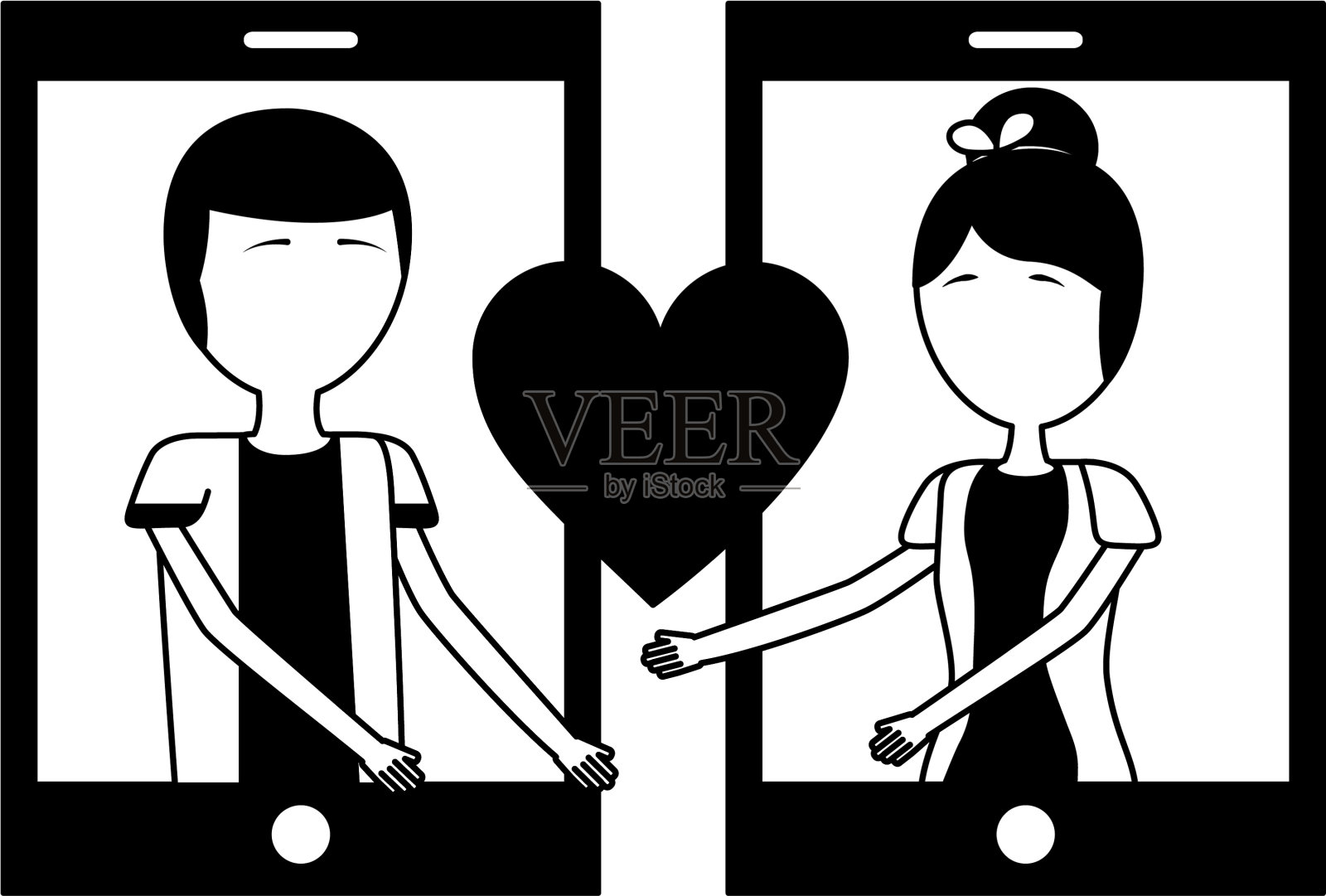 情侣在智能手机与心孤立的图标设计元素图片