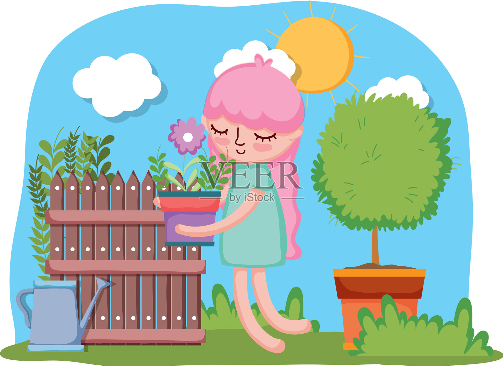 小女孩正在用树和篱笆吊起室内植物设计元素图片