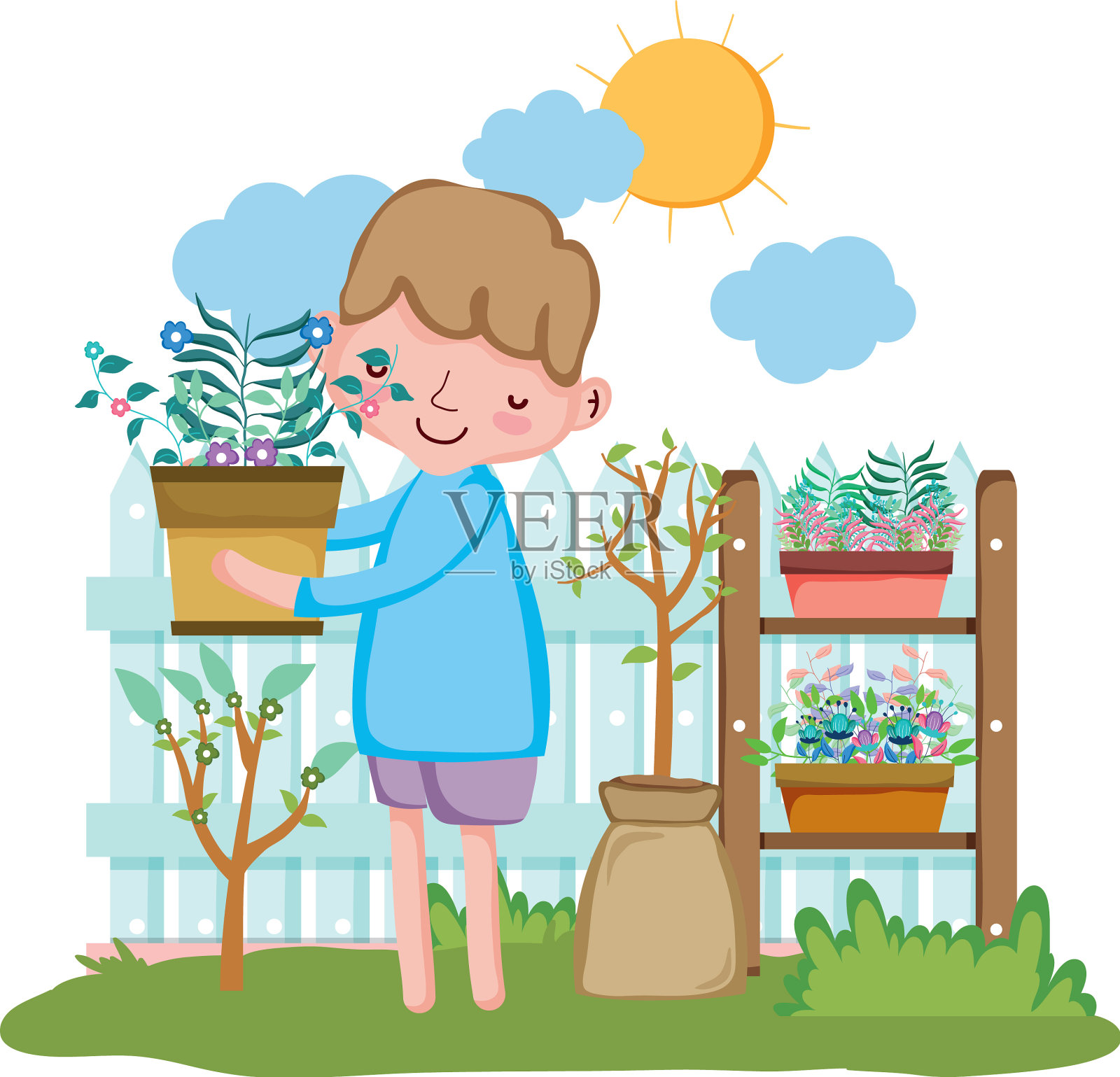 男孩用栅栏和架子举起室内植物设计元素图片