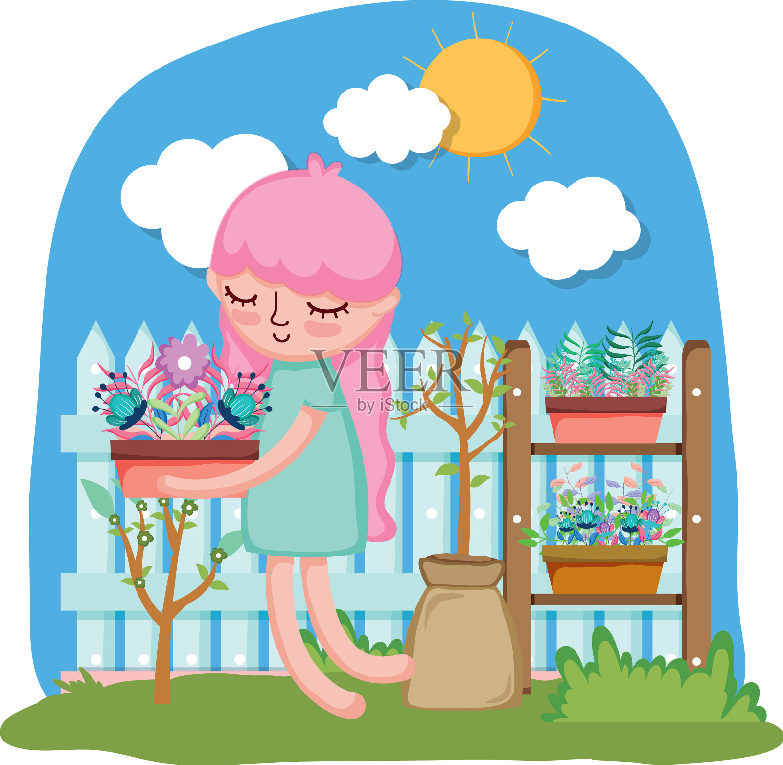 小女孩正在用栅栏和设计元素图片