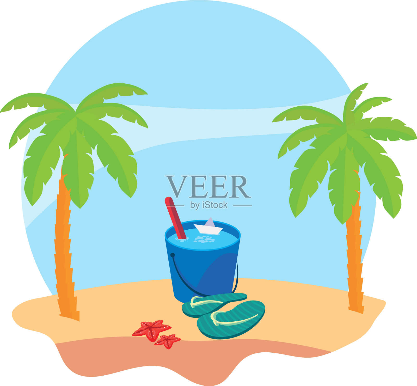 夏天的海滩与棕榈树和水桶场景设计元素图片