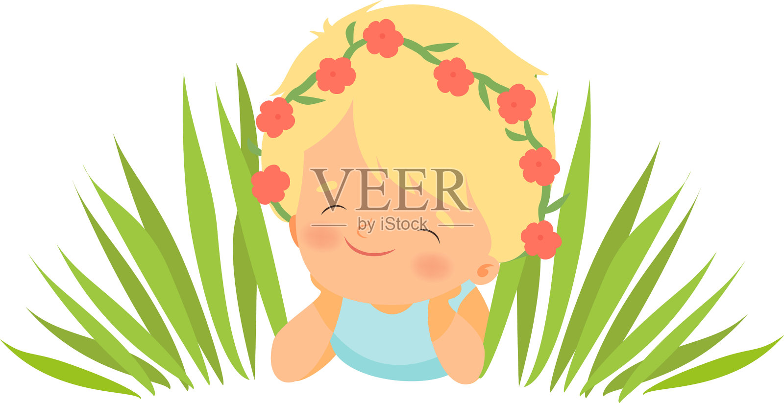 可爱的小女孩戴着花环躺在草地上设计元素图片