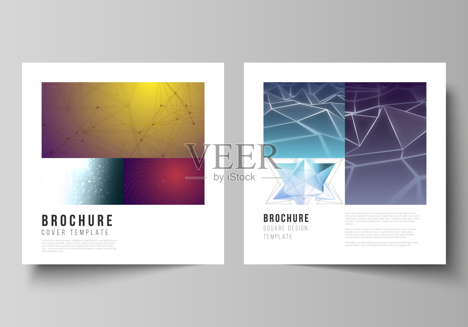 最小矢量布局的两方格式涵盖设计模板的小册子，传单，杂志。三维多边形几何现代设计抽象背景。科学或技术矢量插图。设计模板素材