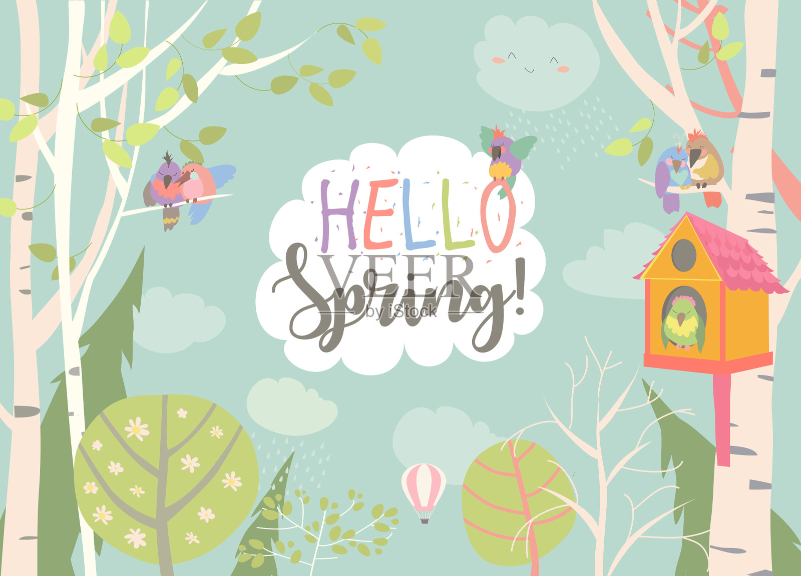 春天森林和小鸟的卡通画框插画图片素材