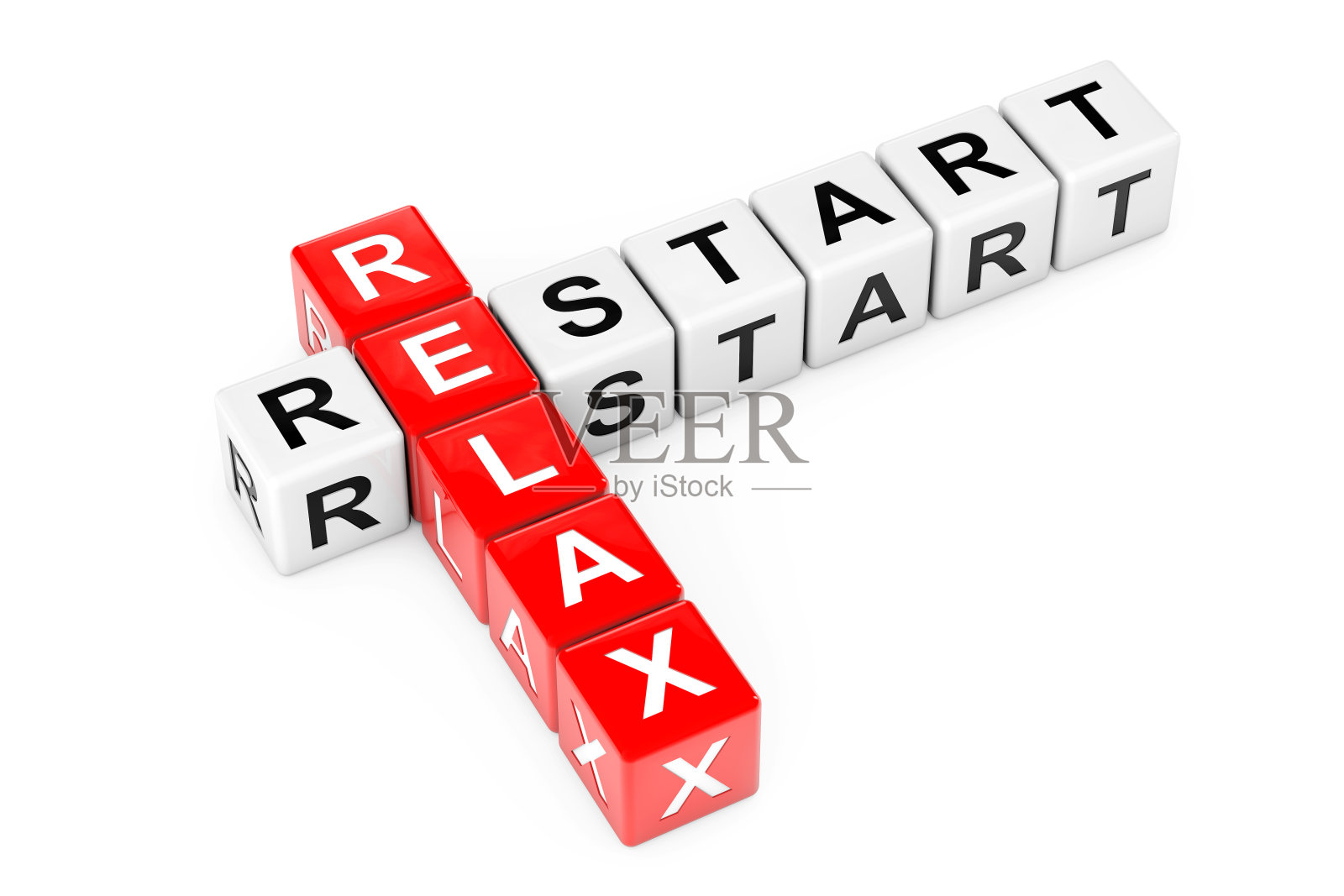 重启和放松标志作为纵横字谜立方体块。3d渲染照片摄影图片