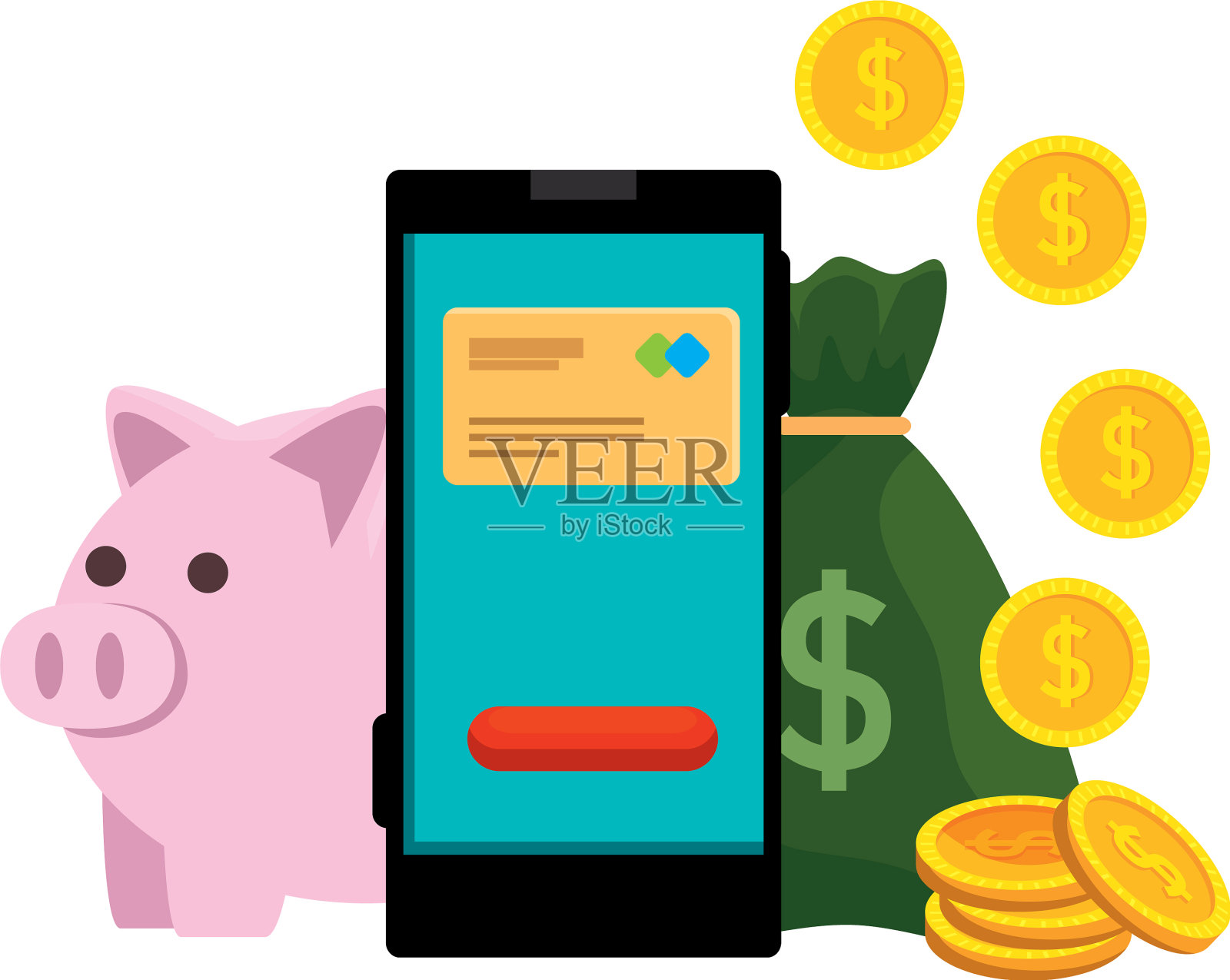 智能手机与信用卡和金钱图标设计元素图片
