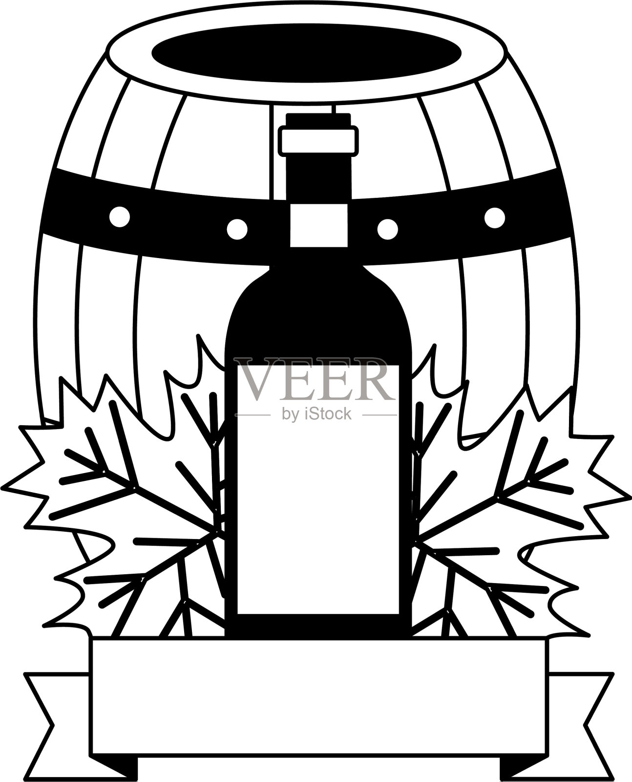 酒瓶木桶上留有丝带设计元素图片