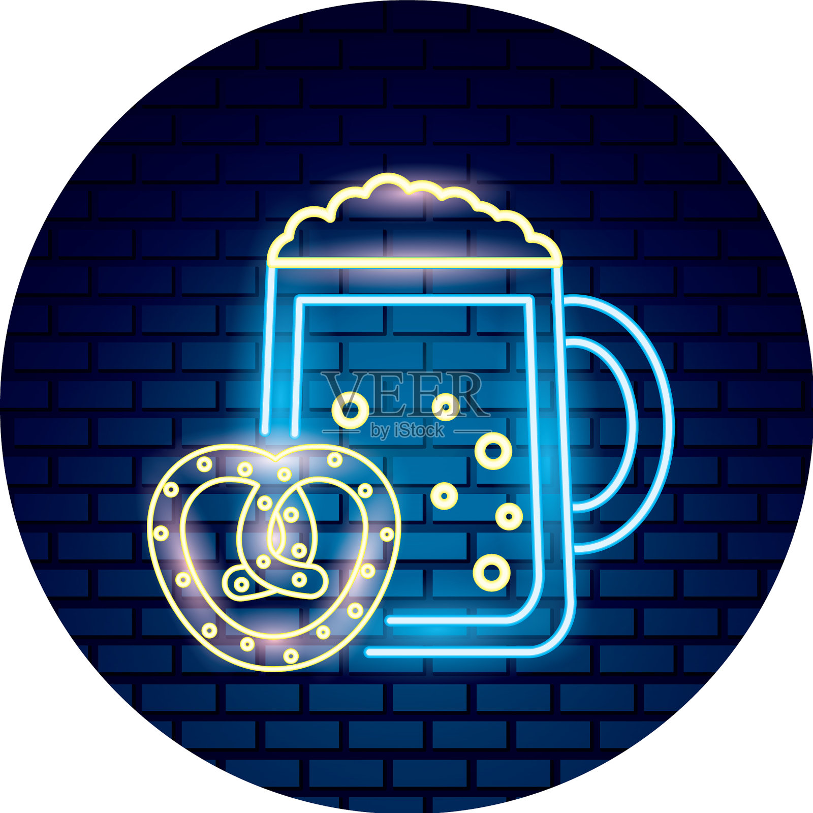 啤酒杯和椒盐卷饼食品霓虹灯设计元素图片