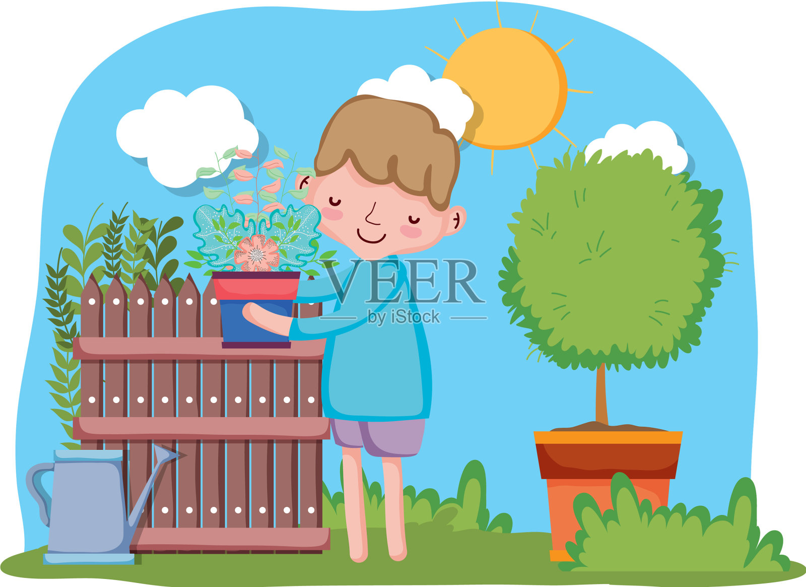 小男孩正在用篱笆和树吊室内植物设计元素图片