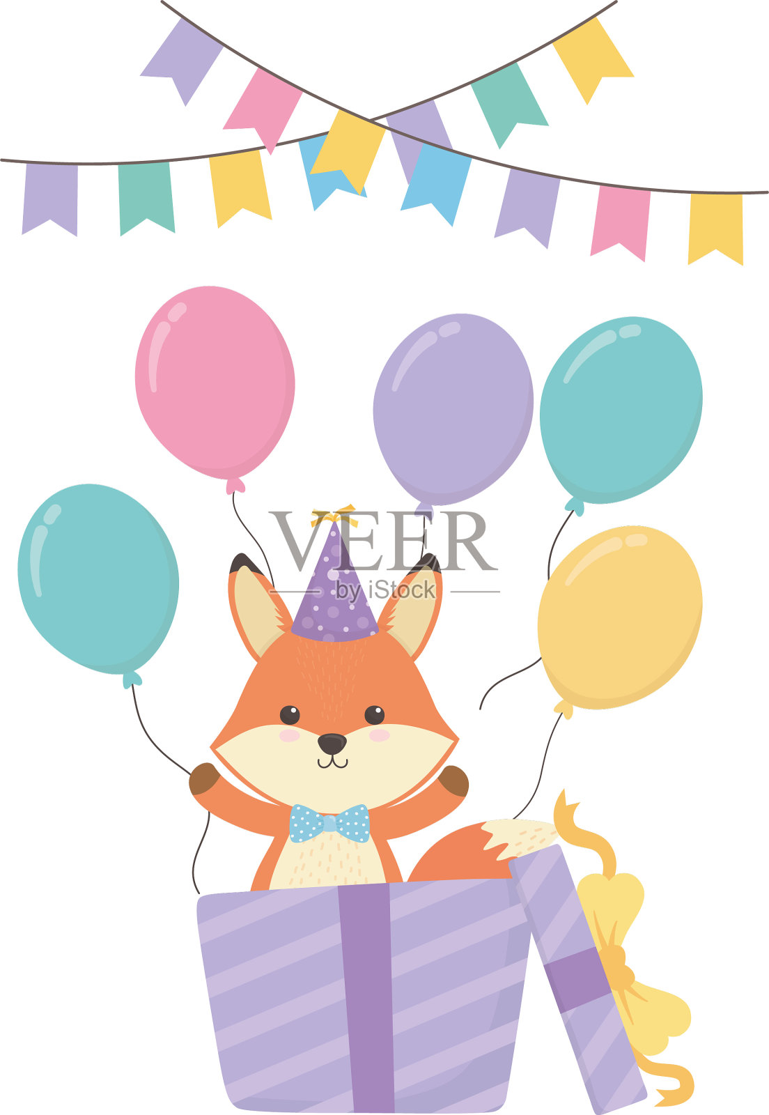 福克斯卡通与快乐的生日图标设计设计元素图片