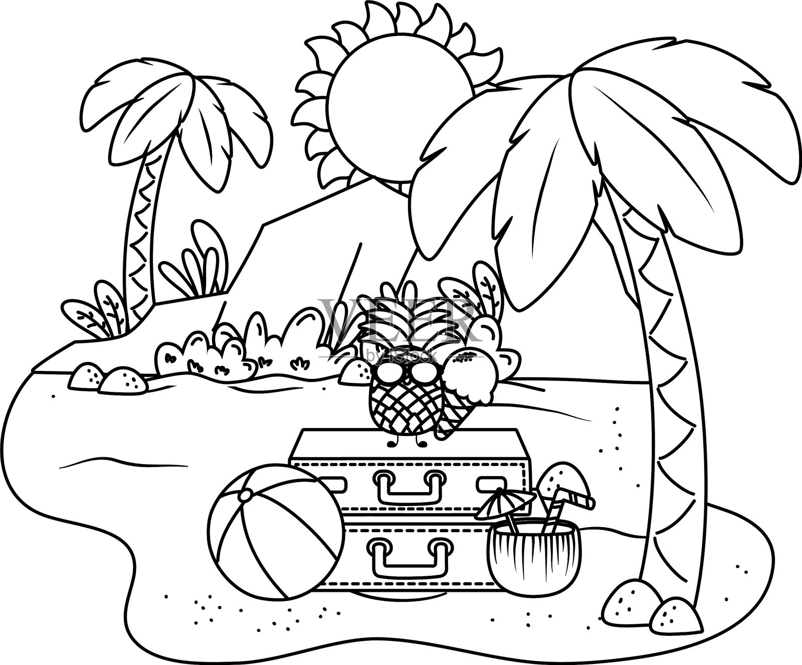 夏天和海滩可爱的卡通在黑色和白色设计元素图片