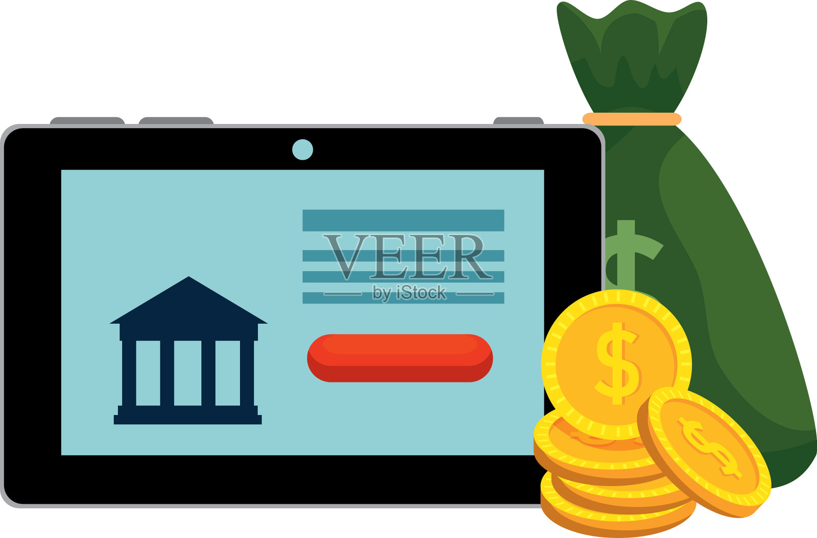 带有银行建筑和金钱图标的平板电脑设计元素图片