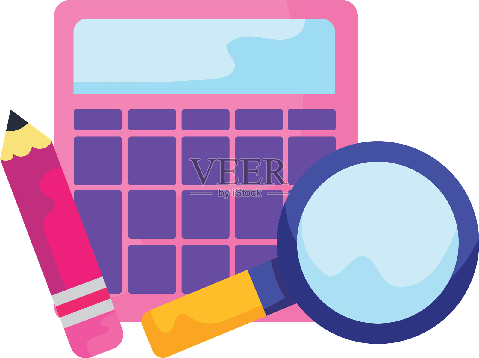 带放大镜和铅笔的计算器设计元素图片