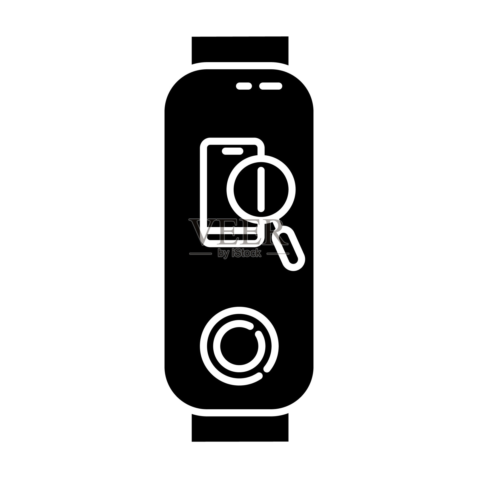 健身跟踪与智能手机查找选项字形图标。有丢失手机定位识别功能的健康小玩意。轮廓的象征。负空间。向量孤立的插图插画图片素材