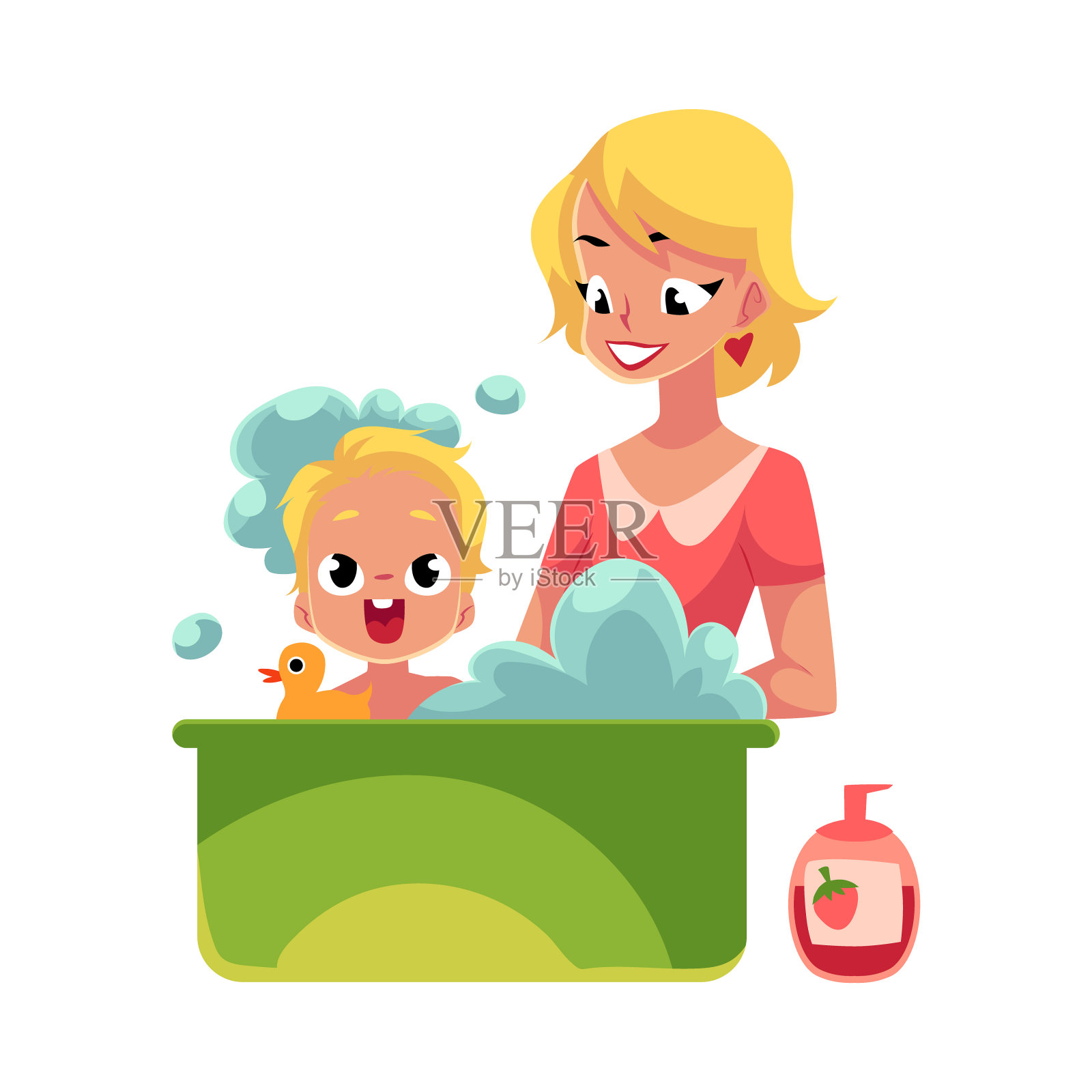 年轻的妈妈在满是水的浴缸里给她的孩子洗澡设计元素图片