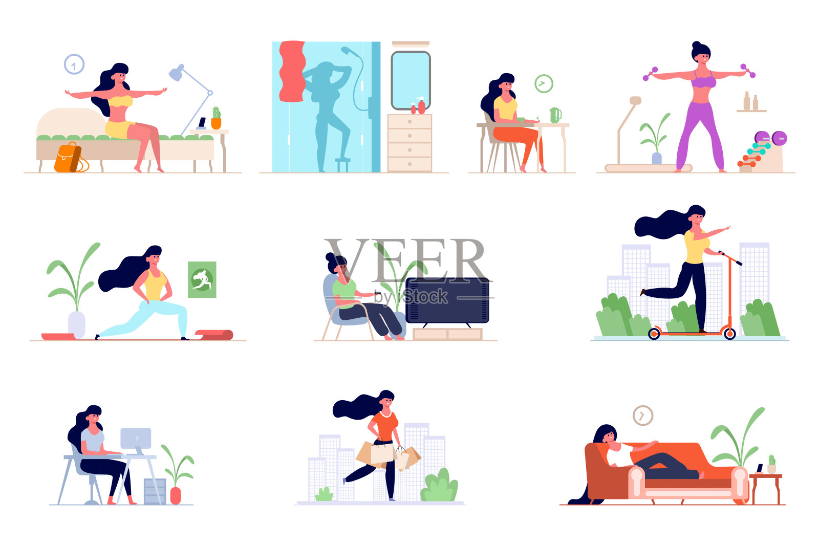 一套日常程序。时间管理的概念。插画图片素材