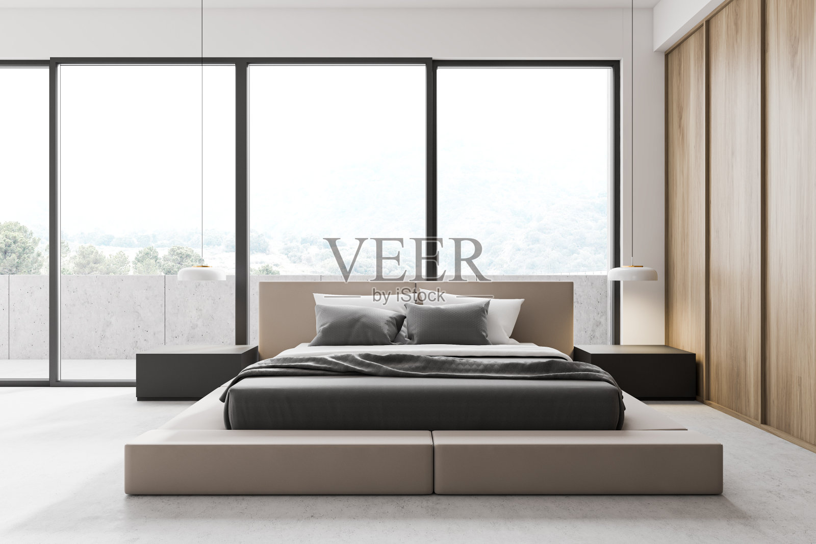 白色和木制的卧室内部带阳台照片摄影图片