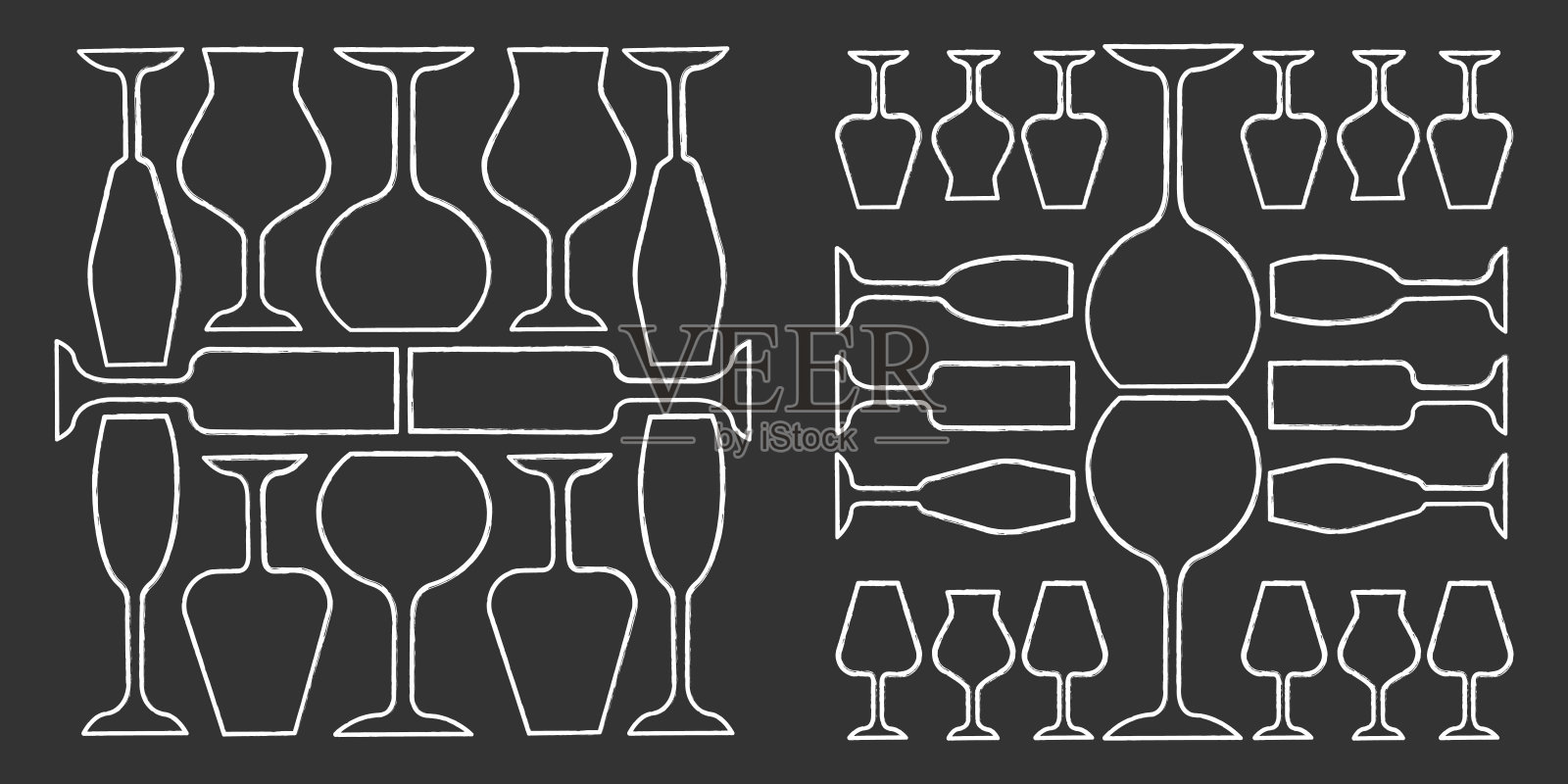 酒杯粉笔图标设置。餐厅服务。酒精酒吧。波特杯和马德拉杯。酒精饮料的玻璃器皿。孤立矢量黑板插图插画图片素材