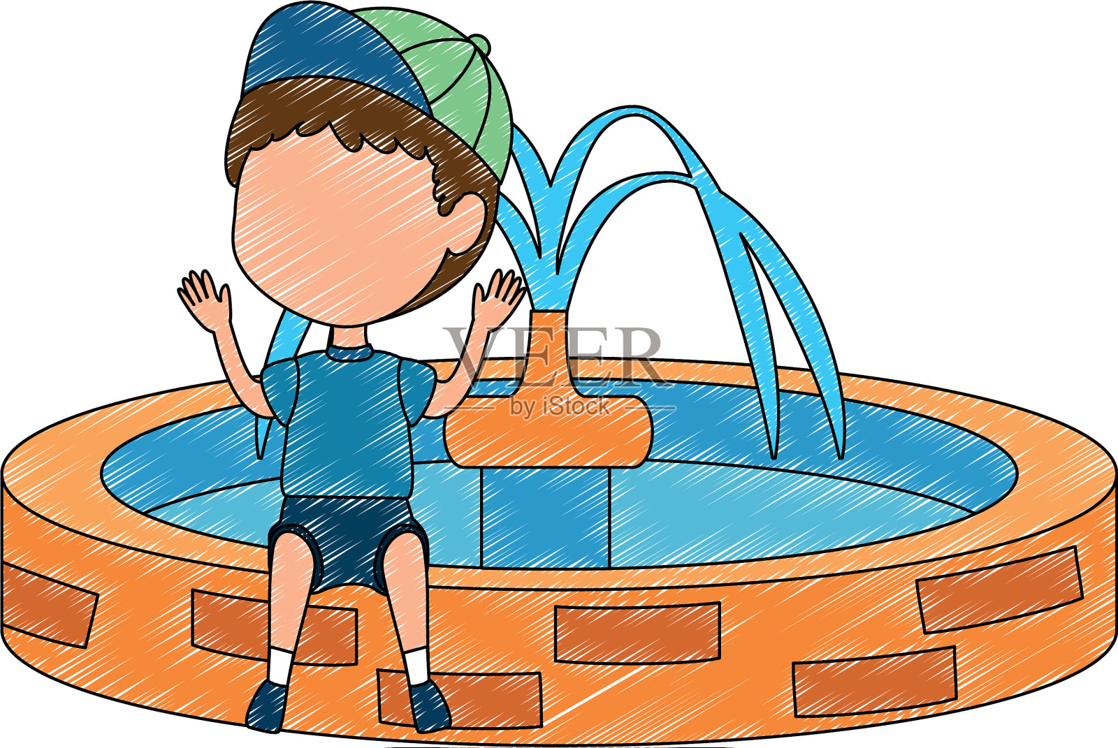 男孩坐在公园水池里设计元素图片