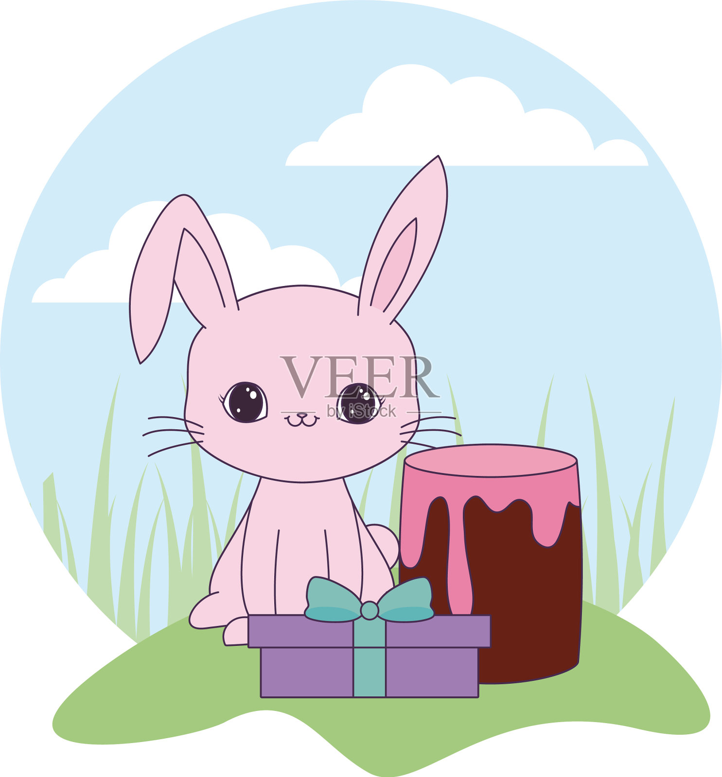 可爱的兔子用生日蛋糕和礼盒装着设计元素图片