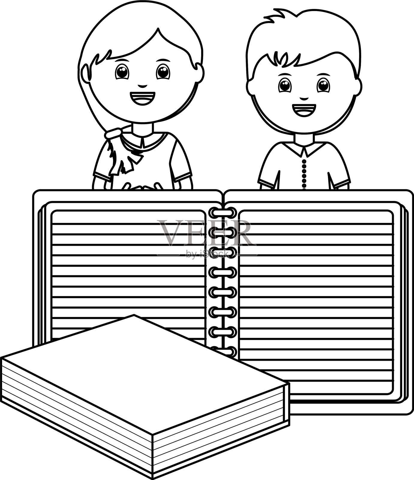 可爱的小学生与书和笔记本设计元素图片