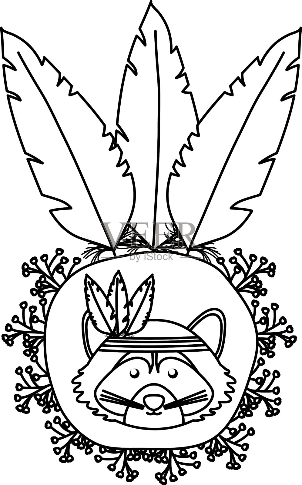 可爱的浣熊羽毛帽子和花设计元素图片