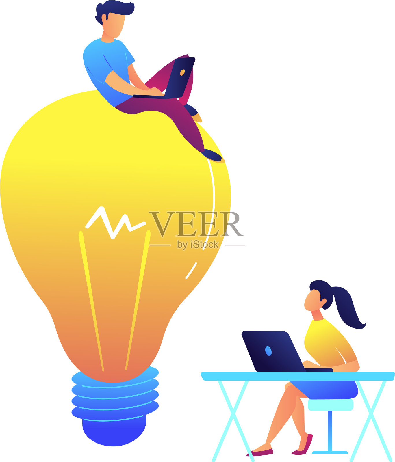 程序员在巨大的灯泡上用笔记本电脑工作设计元素图片