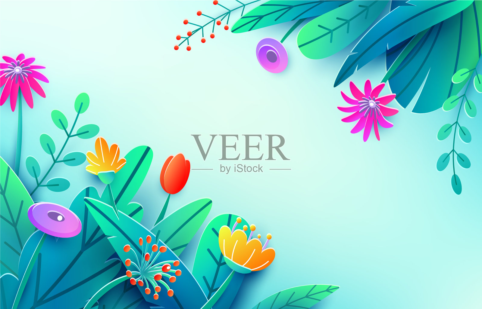 夏日背景与剪纸幻想花插画图片素材