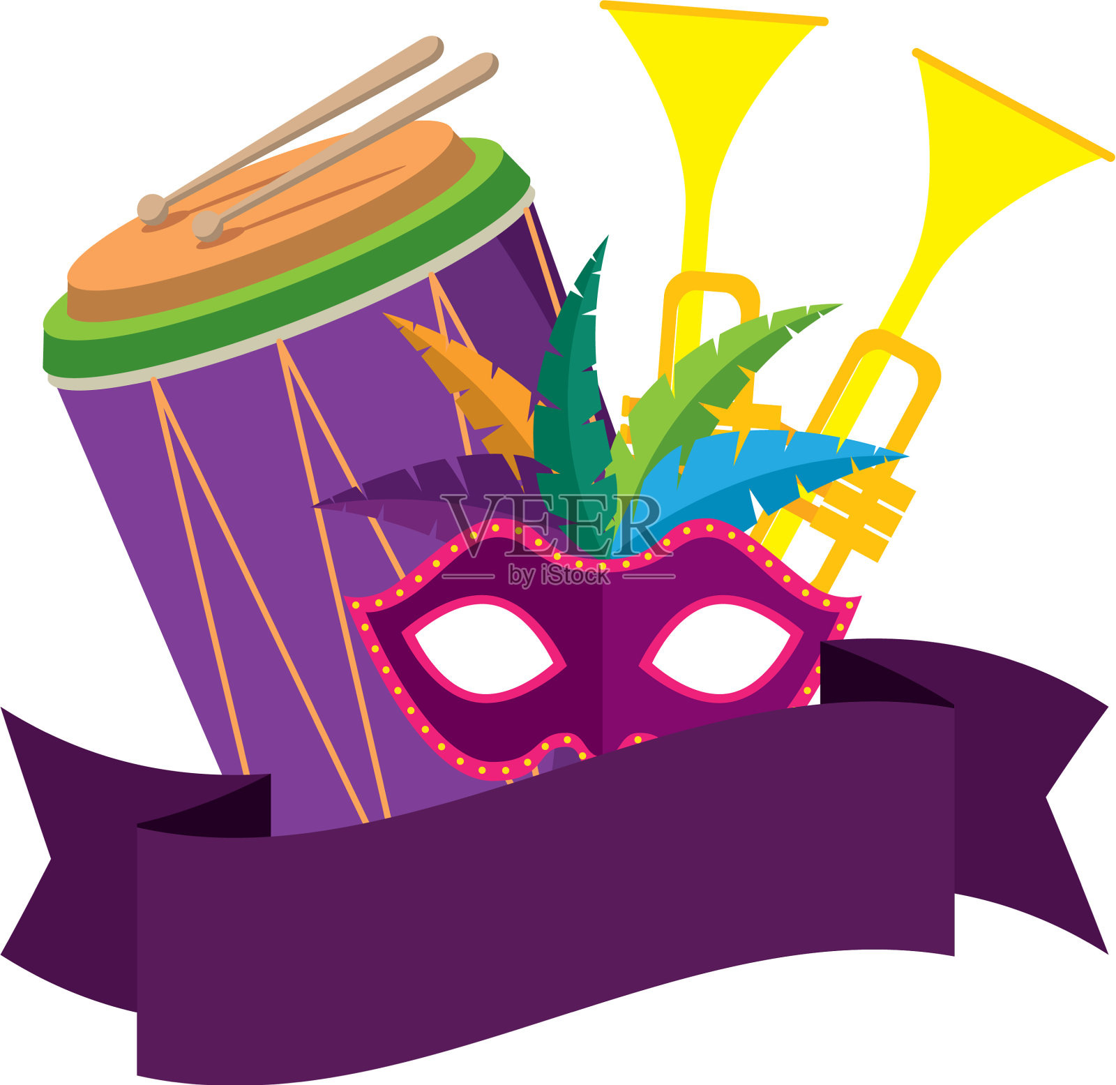 嘉年华面具用羽毛和音乐设计元素图片