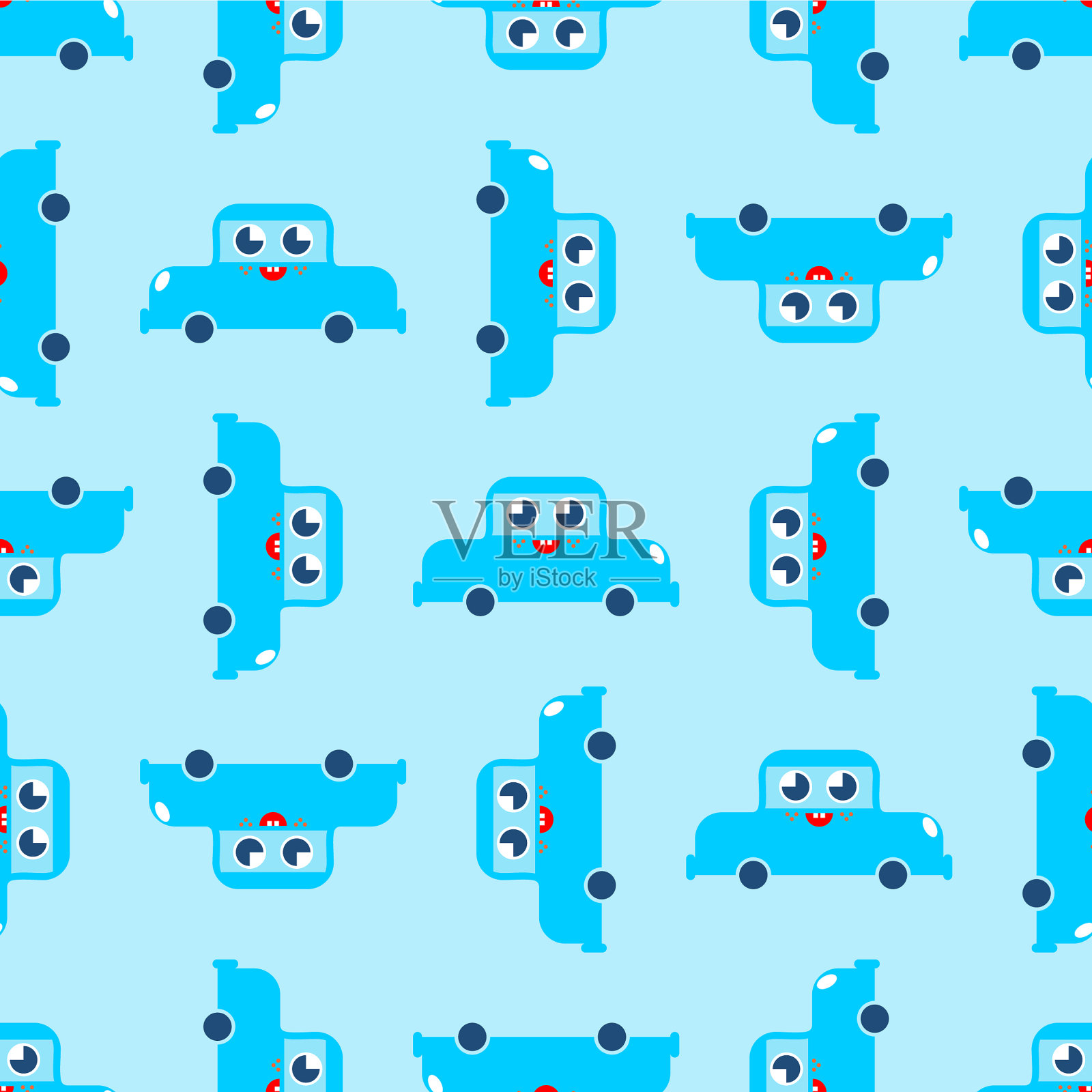 可爱的汽车图案，有趣的汽车卡通风格插画图片素材