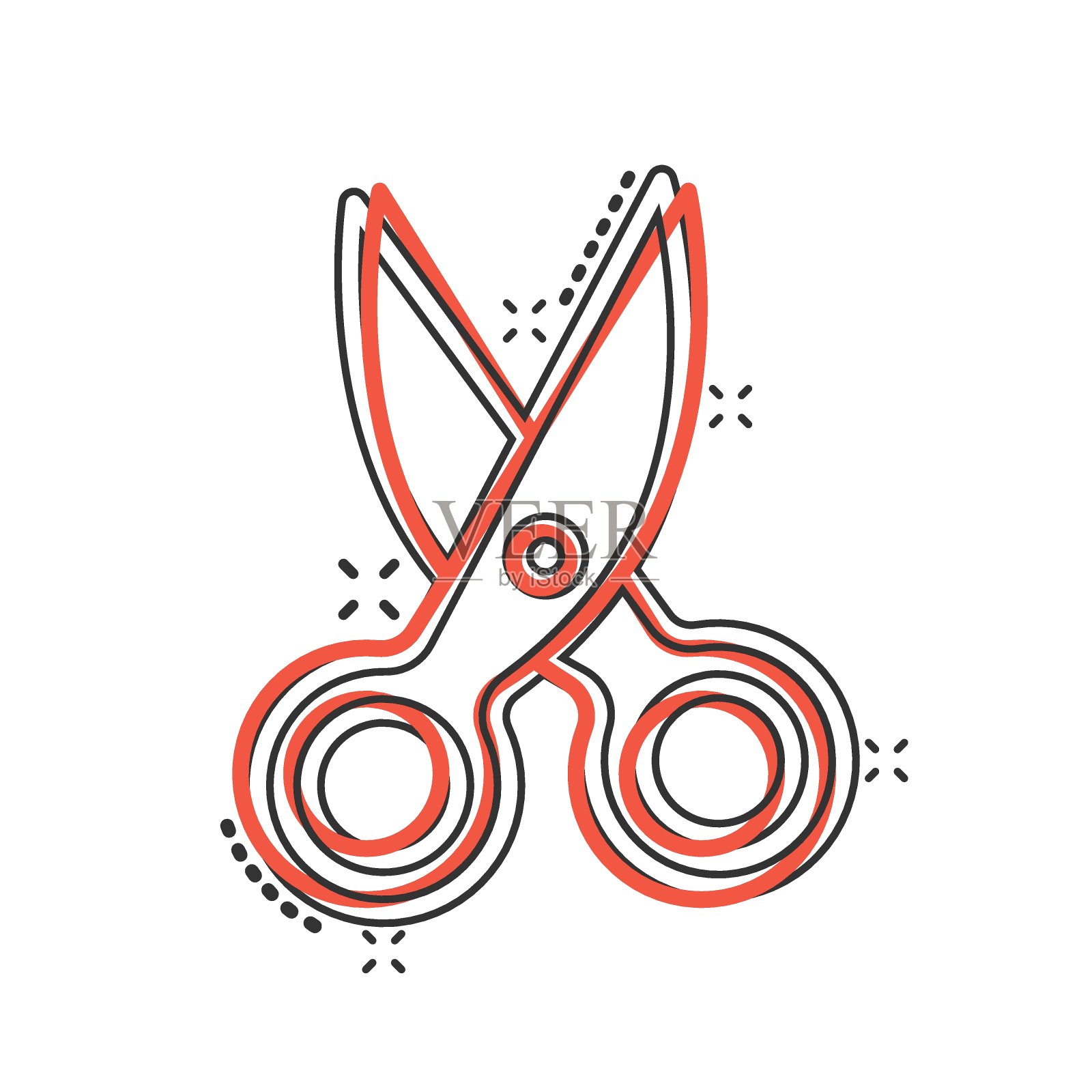 漫画风格的剪刀图标。切割设备卡通矢量插图在白色孤立的背景。切割机飞溅效应的经营理念。设计元素图片